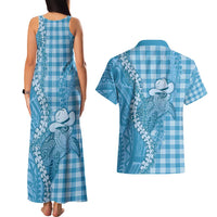 Blue Hawaii Palaka Cowboy Turtle Couples Matching Tank Maxi Dress and Hawaiian Shirt Hawaiian Paniolo Puakenikeni Maile Lei - Polynesian Pride