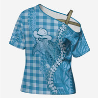 Blue Hawaii Palaka Cowboy Turtle Cross Shoulder Shirt Hawaiian Paniolo Puakenikeni Maile Lei - Polynesian Pride