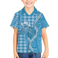 Blue Hawaii Palaka Cowboy Turtle Family Matching Long Sleeve Bodycon Dress and Hawaiian Shirt Hawaiian Paniolo Puakenikeni Maile Lei - Polynesian Pride