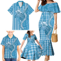 Blue Hawaii Palaka Cowboy Turtle Family Matching Mermaid Dress and Hawaiian Shirt Hawaiian Paniolo Puakenikeni Maile Lei - Polynesian Pride
