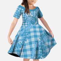 Blue Hawaii Palaka Cowboy Turtle Family Matching Off The Shoulder Long Sleeve Dress and Hawaiian Shirt Hawaiian Paniolo Puakenikeni Maile Lei - Polynesian Pride
