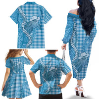 Blue Hawaii Palaka Cowboy Turtle Family Matching Off The Shoulder Long Sleeve Dress and Hawaiian Shirt Hawaiian Paniolo Puakenikeni Maile Lei - Polynesian Pride