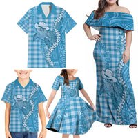 Blue Hawaii Palaka Cowboy Turtle Family Matching Off Shoulder Maxi Dress and Hawaiian Shirt Hawaiian Paniolo Puakenikeni Maile Lei - Polynesian Pride