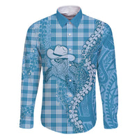 Blue Hawaii Palaka Cowboy Turtle Family Matching Off Shoulder Maxi Dress and Hawaiian Shirt Hawaiian Paniolo Puakenikeni Maile Lei - Polynesian Pride