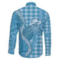 Blue Hawaii Palaka Cowboy Turtle Family Matching Off Shoulder Short Dress and Hawaiian Shirt Hawaiian Paniolo Puakenikeni Maile Lei - Polynesian Pride