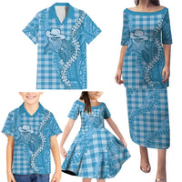 Blue Hawaii Palaka Cowboy Turtle Family Matching Puletasi and Hawaiian Shirt Hawaiian Paniolo Puakenikeni Maile Lei - Polynesian Pride