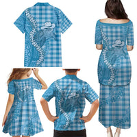 Blue Hawaii Palaka Cowboy Turtle Family Matching Puletasi and Hawaiian Shirt Hawaiian Paniolo Puakenikeni Maile Lei - Polynesian Pride