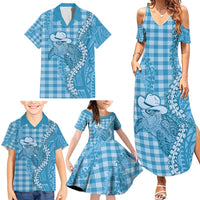 Blue Hawaii Palaka Cowboy Turtle Family Matching Summer Maxi Dress and Hawaiian Shirt Hawaiian Paniolo Puakenikeni Maile Lei - Polynesian Pride