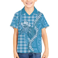 Blue Hawaii Palaka Cowboy Turtle Kid Hawaiian Shirt Hawaiian Paniolo Puakenikeni Maile Lei - Polynesian Pride