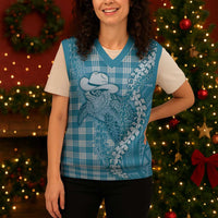 Blue Hawaii Palaka Cowboy Turtle Christmas Knitted V-Neck Vest Hawaiian Paniolo Puakenikeni Maile Lei - Polynesian Pride