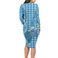 Blue Hawaii Palaka Cowboy Turtle Long Sleeve Bodycon Dress Hawaiian Paniolo Puakenikeni Maile Lei - Polynesian Pride