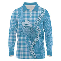 Blue Hawaii Palaka Cowboy Turtle Long Sleeve Polo Shirt Hawaiian Paniolo Puakenikeni Maile Lei - Polynesian Pride
