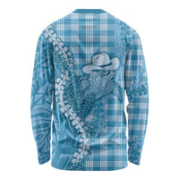 Blue Hawaii Palaka Cowboy Turtle Long Sleeve Shirt Hawaiian Paniolo Puakenikeni Maile Lei - Polynesian Pride
