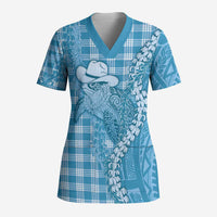 Blue Hawaii Palaka Cowboy Turtle Scrub Top Hawaiian Paniolo Puakenikeni Maile Lei - Polynesian Pride