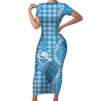 Blue Hawaii Palaka Cowboy Turtle Short Sleeve Bodycon Dress Hawaiian Paniolo Puakenikeni Maile Lei - Polynesian Pride