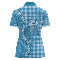Blue Hawaii Palaka Cowboy Turtle Women Polo Shirt Hawaiian Paniolo Puakenikeni Maile Lei - Polynesian Pride