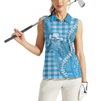Blue Hawaii Palaka Cowboy Turtle Women Sleeveless Polo Shirt Hawaiian Paniolo Puakenikeni Maile Lei - Polynesian Pride