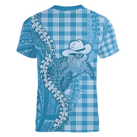 Blue Hawaii Palaka Cowboy Turtle Women V-Neck T-Shirt Hawaiian Paniolo Puakenikeni Maile Lei - Polynesian Pride