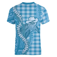 Blue Hawaii Palaka Cowboy Turtle Women V-Neck T-Shirt Hawaiian Paniolo Puakenikeni Maile Lei - Polynesian Pride