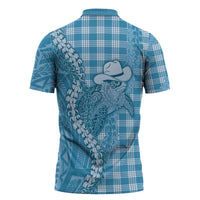 Blue Hawaii Palaka Cowboy Turtle Zipper Polo Shirt Hawaiian Paniolo Puakenikeni Maile Lei - Polynesian Pride