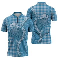 Blue Hawaii Palaka Cowboy Turtle Zipper Polo Shirt Hawaiian Paniolo Puakenikeni Maile Lei - Polynesian Pride
