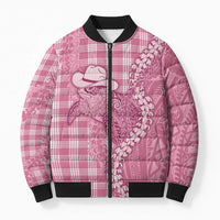 Pink Hawaii Palaka Cowboy Turtle Bomber Puffer Jacket Hawaiian Paniolo Puakenikeni Maile Lei - Polynesian Pride