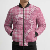 Pink Hawaii Palaka Cowboy Turtle Bomber Puffer Jacket Hawaiian Paniolo Puakenikeni Maile Lei - Polynesian Pride