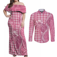 Pink Hawaii Palaka Cowboy Turtle Couples Matching Off Shoulder Maxi Dress and Long Sleeve Button Shirt Hawaiian Paniolo Puakenikeni Maile Lei - Polynesian Pride