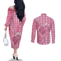 Pink Hawaii Palaka Cowboy Turtle Couples Matching Off The Shoulder Long Sleeve Dress and Long Sleeve Button Shirt Hawaiian Paniolo Puakenikeni Maile Lei - Polynesian Pride