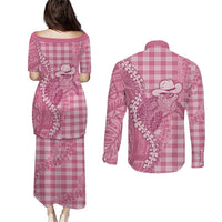 Pink Hawaii Palaka Cowboy Turtle Couples Matching Puletasi and Long Sleeve Button Shirt Hawaiian Paniolo Puakenikeni Maile Lei - Polynesian Pride