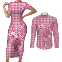 Pink Hawaii Palaka Cowboy Turtle Couples Matching Short Sleeve Bodycon Dress and Long Sleeve Button Shirt Hawaiian Paniolo Puakenikeni Maile Lei - Polynesian Pride