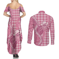 Pink Hawaii Palaka Cowboy Turtle Couples Matching Summer Maxi Dress and Long Sleeve Button Shirt Hawaiian Paniolo Puakenikeni Maile Lei - Polynesian Pride