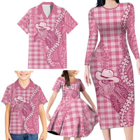 Pink Hawaii Palaka Cowboy Turtle Family Matching Long Sleeve Bodycon Dress and Hawaiian Shirt Hawaiian Paniolo Puakenikeni Maile Lei - Polynesian Pride