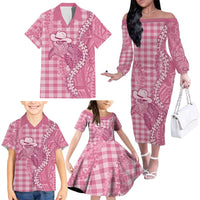 Pink Hawaii Palaka Cowboy Turtle Family Matching Off The Shoulder Long Sleeve Dress and Hawaiian Shirt Hawaiian Paniolo Puakenikeni Maile Lei - Polynesian Pride