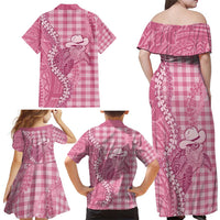 Pink Hawaii Palaka Cowboy Turtle Family Matching Off Shoulder Maxi Dress and Hawaiian Shirt Hawaiian Paniolo Puakenikeni Maile Lei - Polynesian Pride