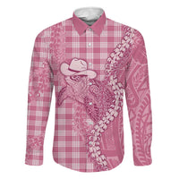 Pink Hawaii Palaka Cowboy Turtle Family Matching Off Shoulder Maxi Dress and Hawaiian Shirt Hawaiian Paniolo Puakenikeni Maile Lei - Polynesian Pride