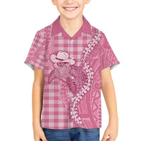 Pink Hawaii Palaka Cowboy Turtle Family Matching Puletasi and Hawaiian Shirt Hawaiian Paniolo Puakenikeni Maile Lei - Polynesian Pride
