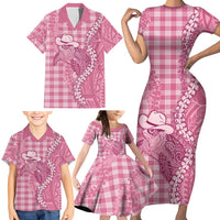 Pink Hawaii Palaka Cowboy Turtle Family Matching Short Sleeve Bodycon Dress and Hawaiian Shirt Hawaiian Paniolo Puakenikeni Maile Lei - Polynesian Pride