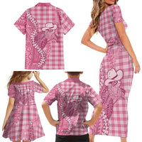 Pink Hawaii Palaka Cowboy Turtle Family Matching Short Sleeve Bodycon Dress and Hawaiian Shirt Hawaiian Paniolo Puakenikeni Maile Lei - Polynesian Pride