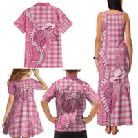 Pink Hawaii Palaka Cowboy Turtle Family Matching Tank Maxi Dress and Hawaiian Shirt Hawaiian Paniolo Puakenikeni Maile Lei - Polynesian Pride