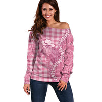 Pink Hawaii Palaka Cowboy Turtle Off Shoulder Sweater Hawaiian Paniolo Puakenikeni Maile Lei - Polynesian Pride