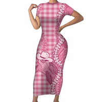 Pink Hawaii Palaka Cowboy Turtle Short Sleeve Bodycon Dress Hawaiian Paniolo Puakenikeni Maile Lei - Polynesian Pride