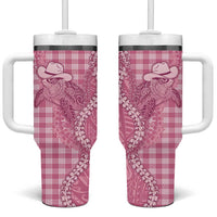 Pink Hawaii Palaka Cowboy Turtle Tumbler With Handle Hawaiian Paniolo Puakenikeni Maile Lei - Polynesian Pride
