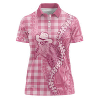 Pink Hawaii Palaka Cowboy Turtle Women Polo Shirt Hawaiian Paniolo Puakenikeni Maile Lei - Polynesian Pride