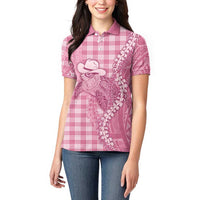 Pink Hawaii Palaka Cowboy Turtle Women Polo Shirt Hawaiian Paniolo Puakenikeni Maile Lei - Polynesian Pride