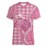 Pink Hawaii Palaka Cowboy Turtle Women V-Neck T-Shirt Hawaiian Paniolo Puakenikeni Maile Lei - Polynesian Pride