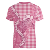 Pink Hawaii Palaka Cowboy Turtle Women V-Neck T-Shirt Hawaiian Paniolo Puakenikeni Maile Lei - Polynesian Pride