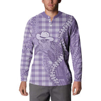 Purple Hawaii Palaka Cowboy Turtle Button Sweatshirt Hawaiian Paniolo Puakenikeni Maile Lei - Polynesian Pride