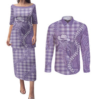 Purple Hawaii Palaka Cowboy Turtle Couples Matching Puletasi and Long Sleeve Button Shirt Hawaiian Paniolo Puakenikeni Maile Lei - Polynesian Pride