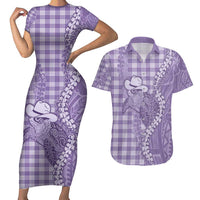 Purple Hawaii Palaka Cowboy Turtle Couples Matching Short Sleeve Bodycon Dress and Hawaiian Shirt Hawaiian Paniolo Puakenikeni Maile Lei - Polynesian Pride